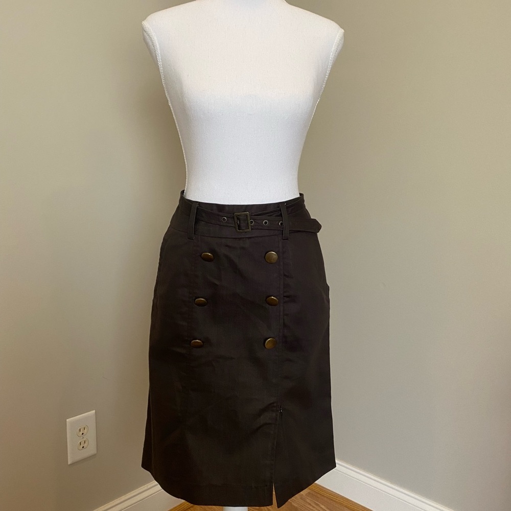 Dark Brown Contemporary Pencil Skirt with Belt and Buttons